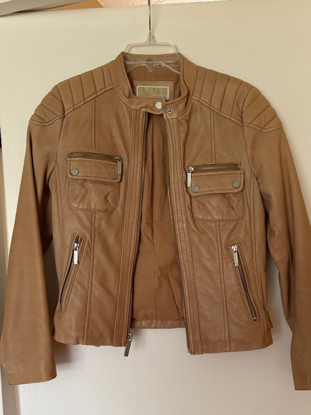 Michael Kors Leather Moto Jacket Camel Cropped Fitted Zip Detail Soft Leather